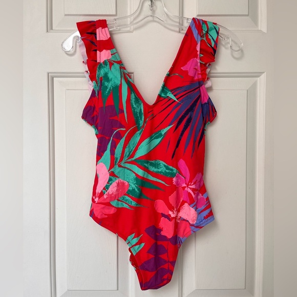 NWOT Jessica Simpson Tropical Print Ruffle Strap One-Piece Swimsuit S - Picture 2 of 15